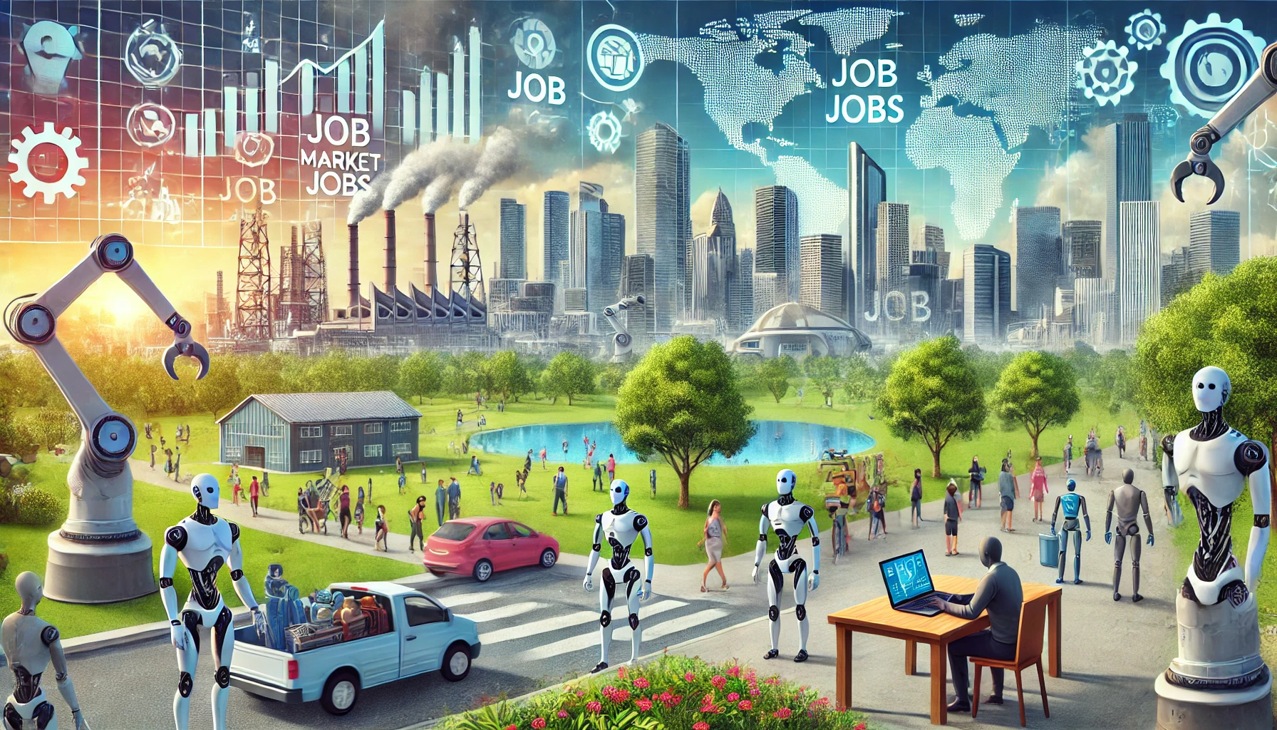 Futuristic cityscape showing the impact of automation on job