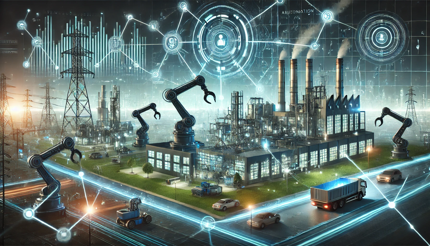 Futuristic factory with glowing data streams You Automate an Industry