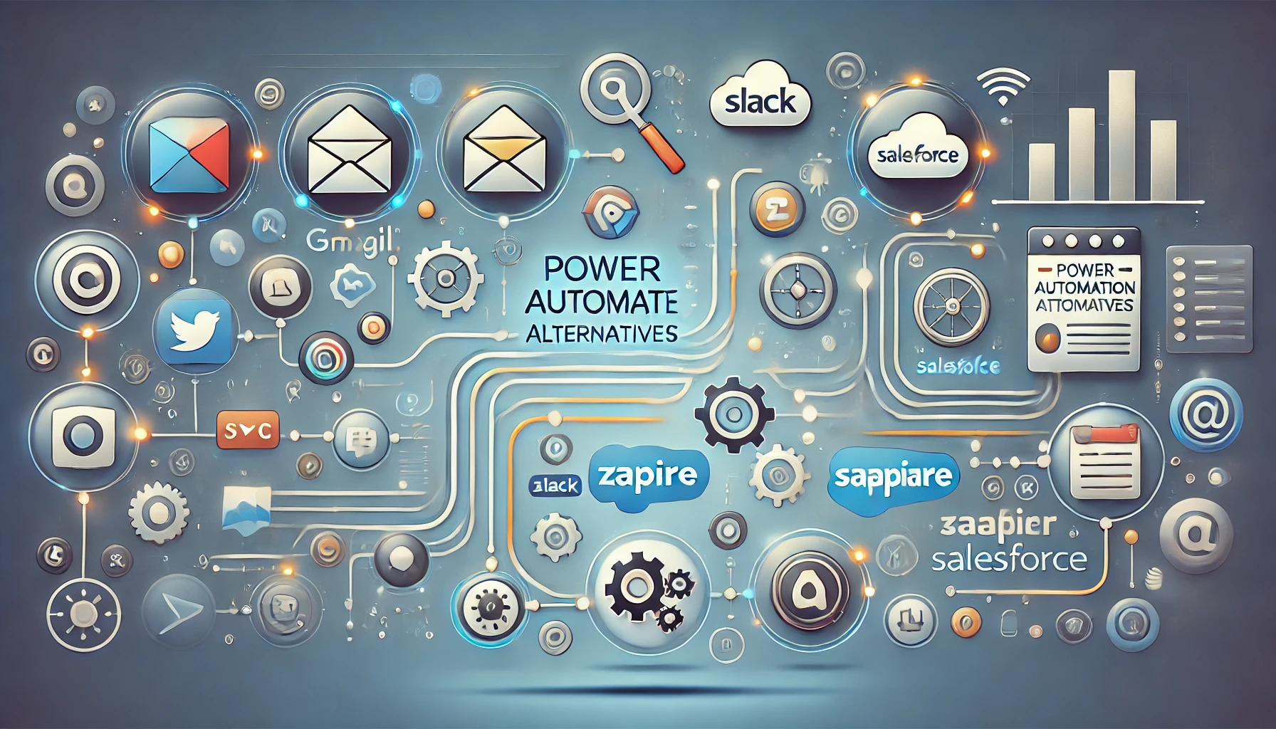 Futuristic illustration of automation tools and workflows showcasing Power Automate alternatives like Zapier