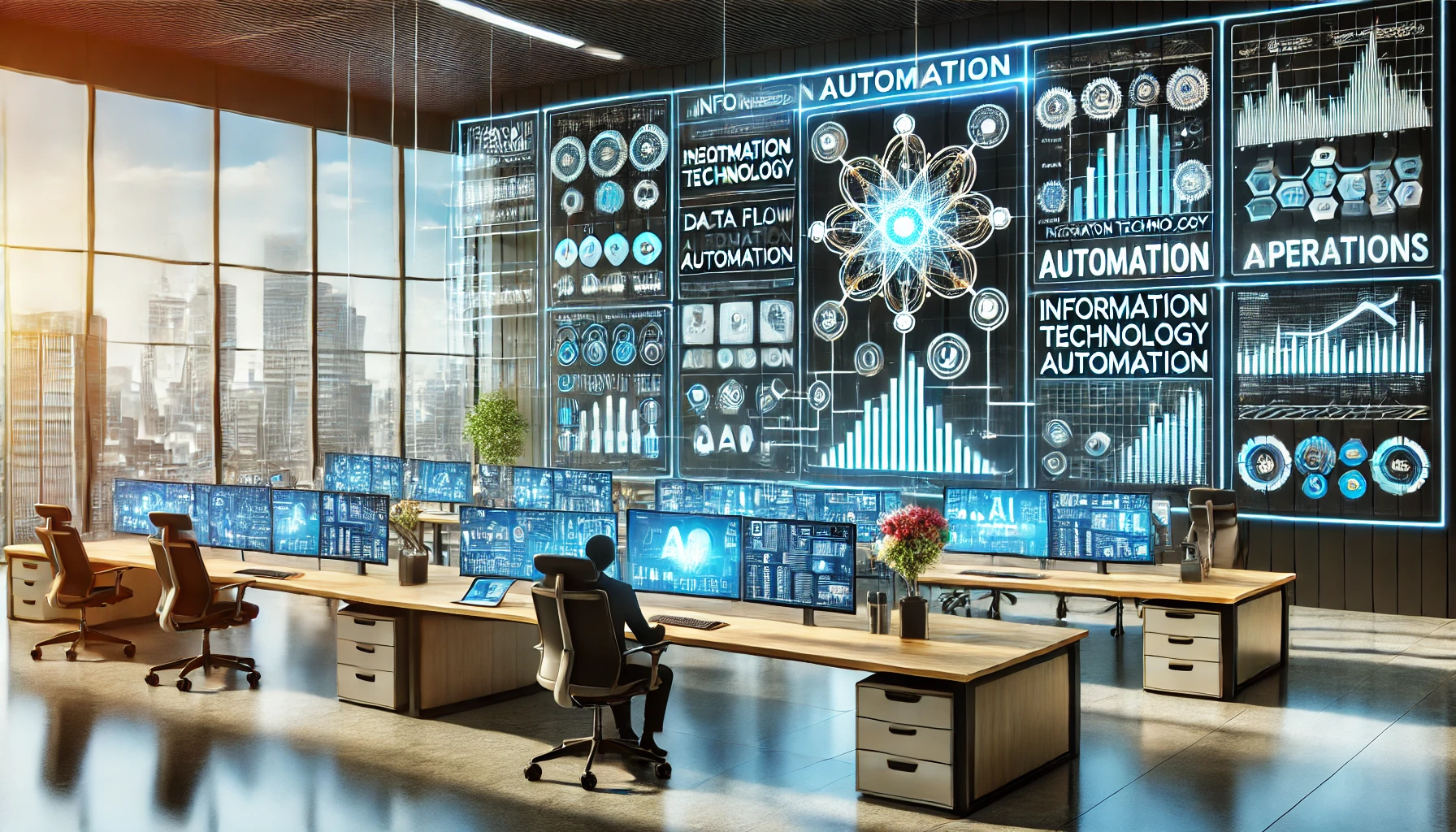 Futuristic office with automated information systems optimizing workflows through advanced digital dashboards