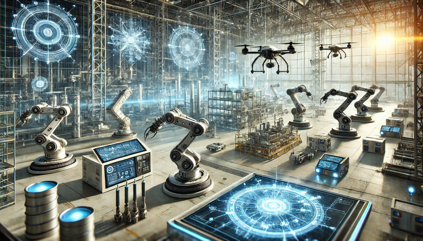 Futuristic robotics and automation facility with robotic arms and drones