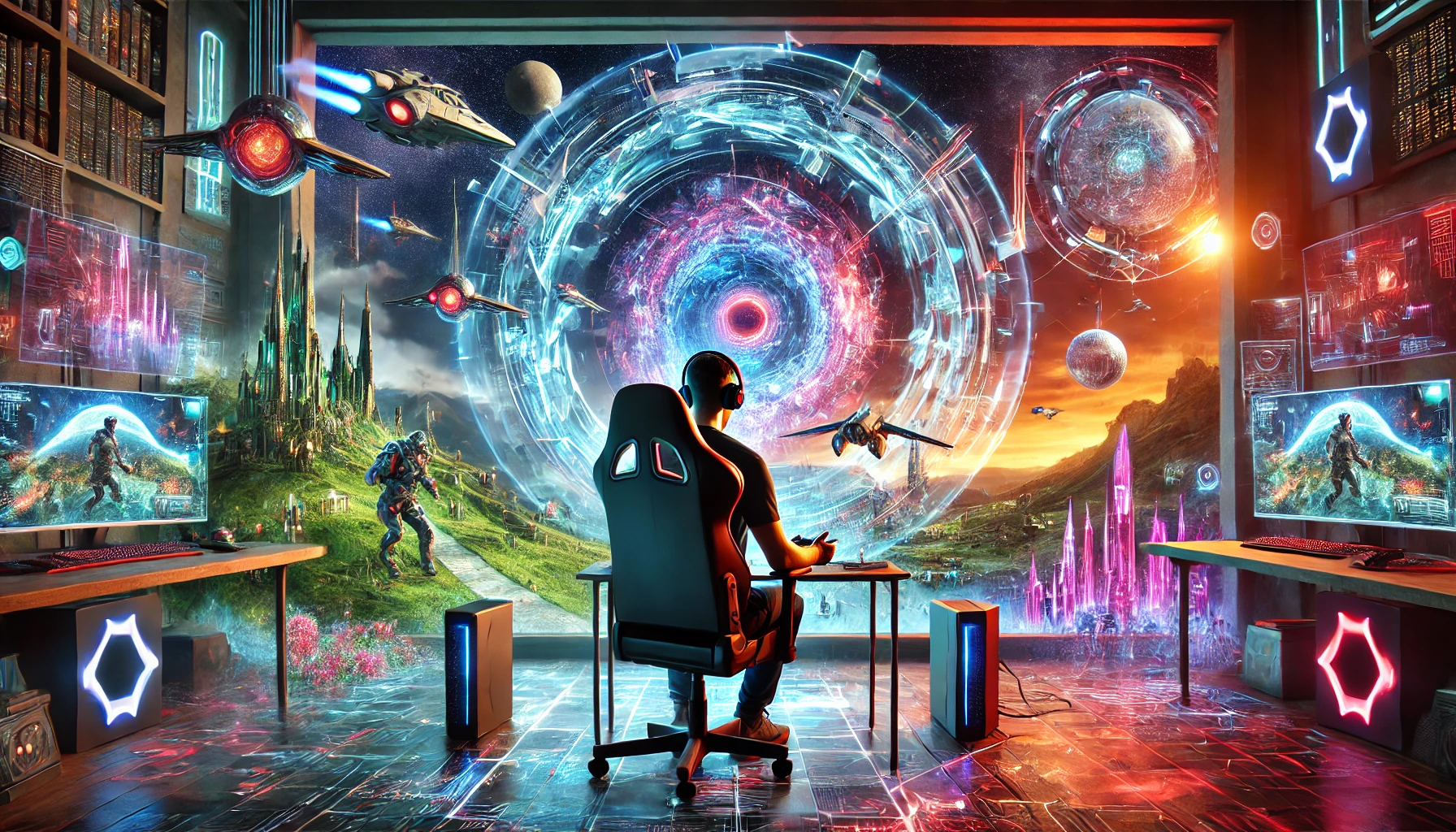 Gamer using Oculus Rift, immersed in vibrant virtual worlds with holographic landscapes and neon lights.