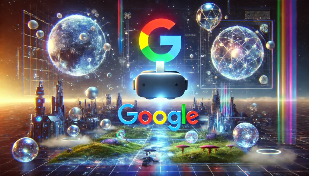 Futuristic scene showcasing Google Virtual Reality with holographic landscapes and immersive tech