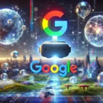 Futuristic scene showcasing Google Virtual Reality with holographic landscapes and immersive tech