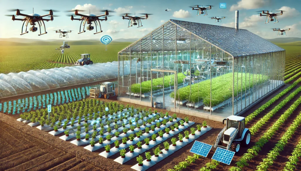 Greenhouse with Automated Planting System using robotic arms for precision farming.