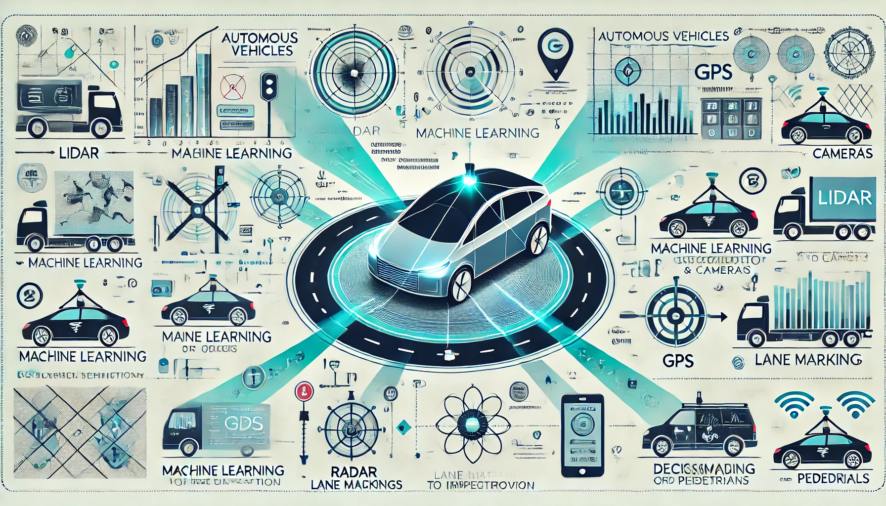 Diagram illustrating the technologies behind self-driving cars, including sensors and navigation systems.