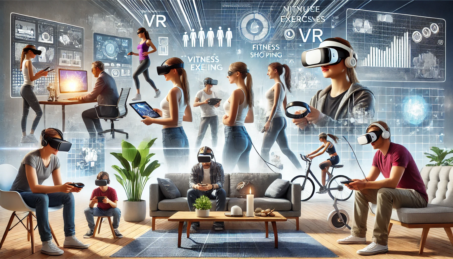 People using real life virtual reality for gaming, fitness, shopping, and meetings in a modern setting