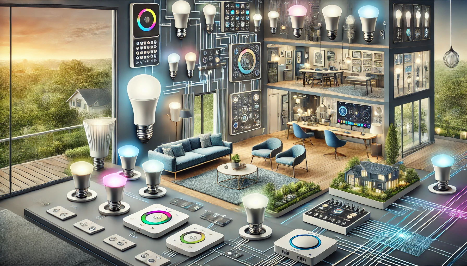 Illustration of a modern home with smart bulbs, fixtures, and centralized Automated Lighting systems.