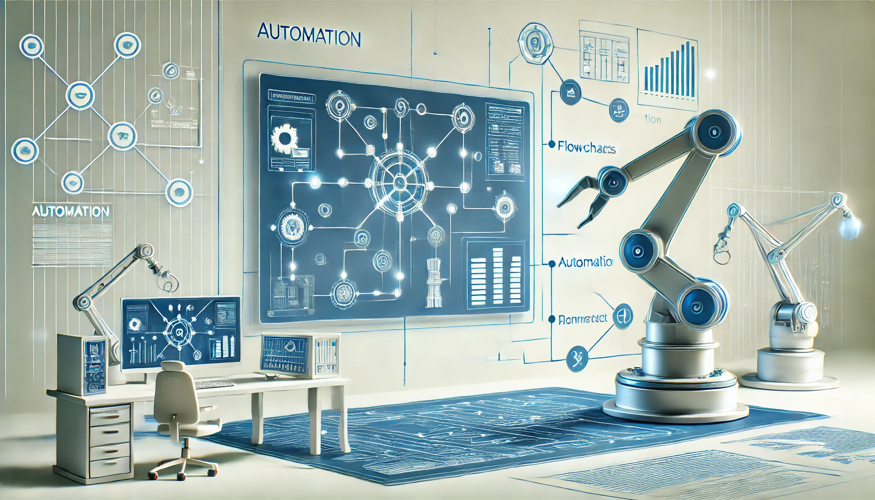 Illustration of automation applications with robotic arms and dashboards.