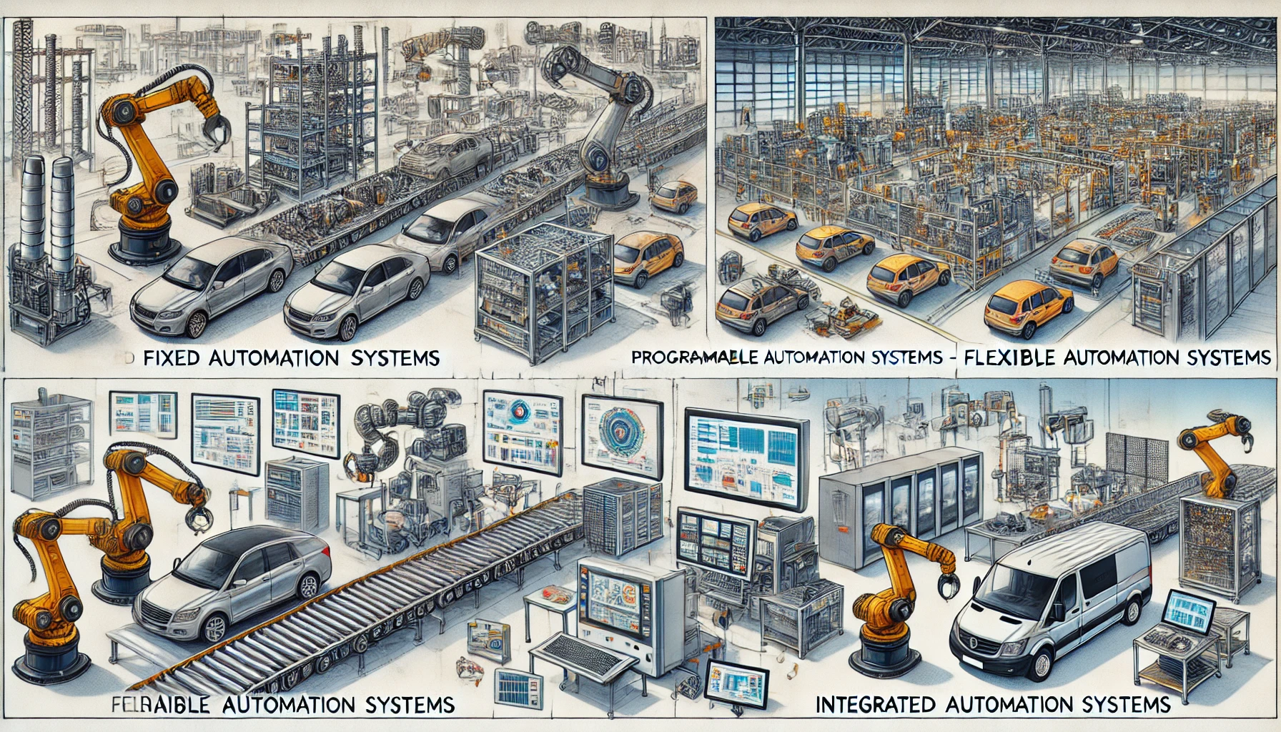 Illustration of different types of industrial automation systems.