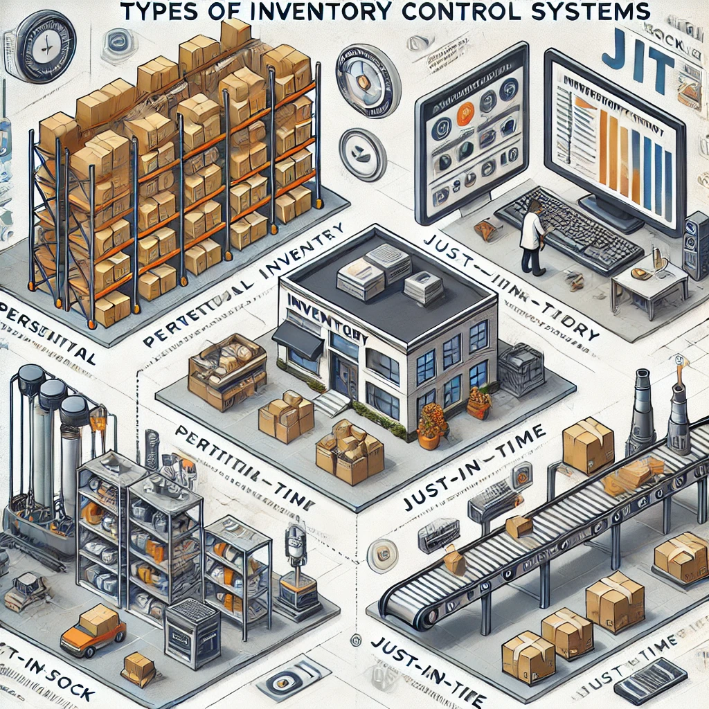 Illustration of different types of inventory control systems: a warehouse with real-time tracking