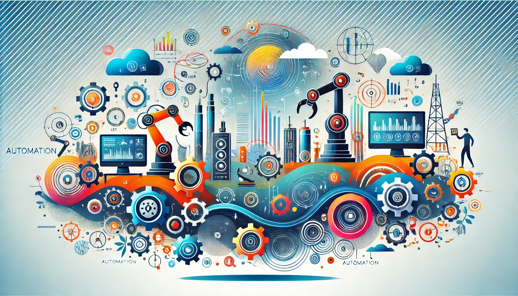 Illustration of gears, robotic arms, and data flows for automation applications.