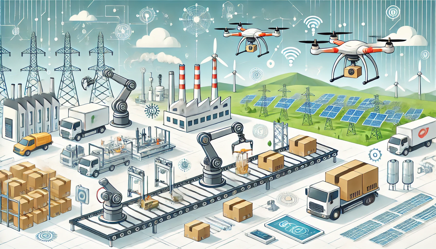 Illustration of industrial automation in manufacturing, logistics, and energy