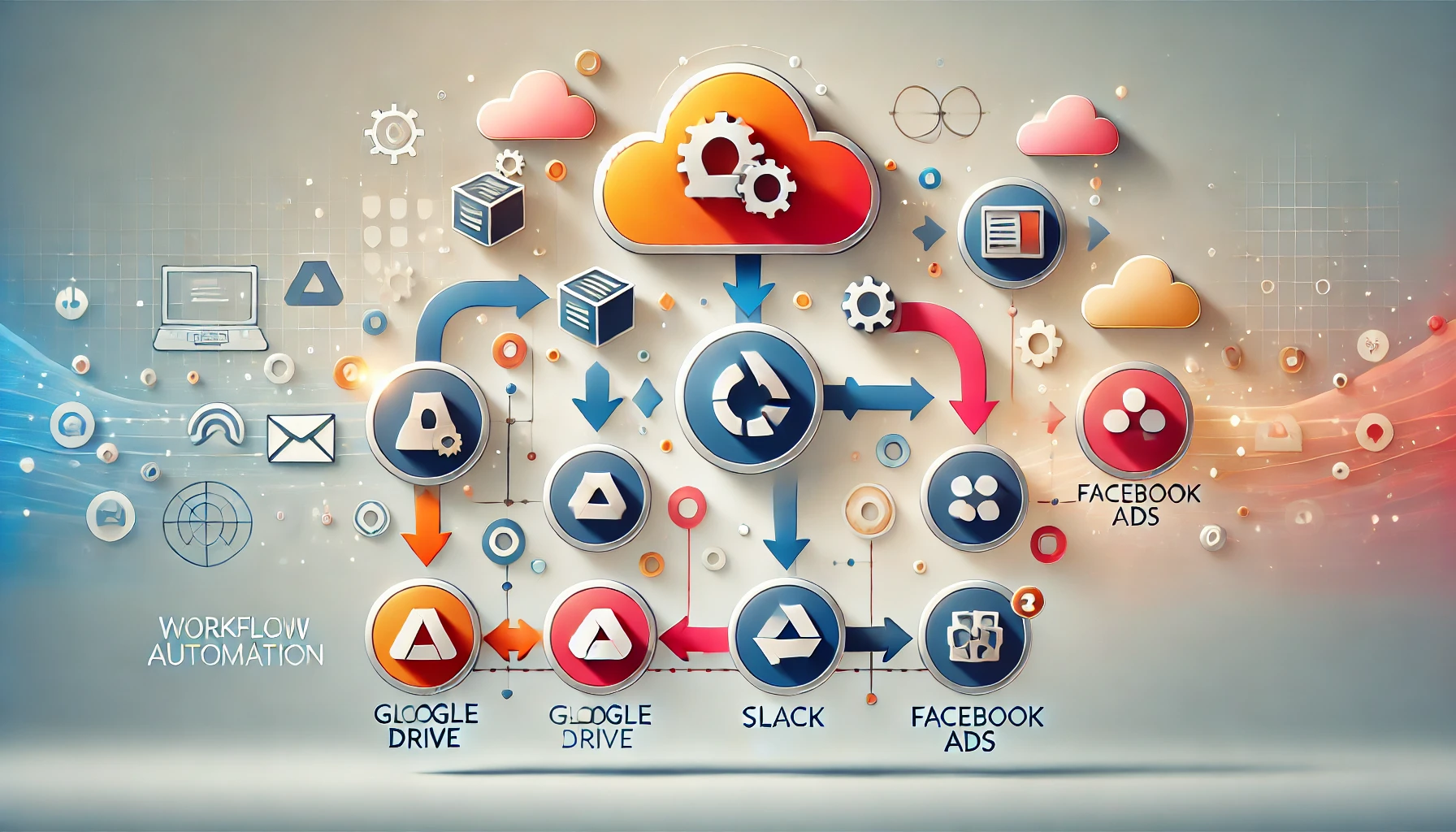 Illustration of interconnected apps like Google Drive, Slack, and Facebook Ads for workflow automation, showcasing Power Automate Alternatives.