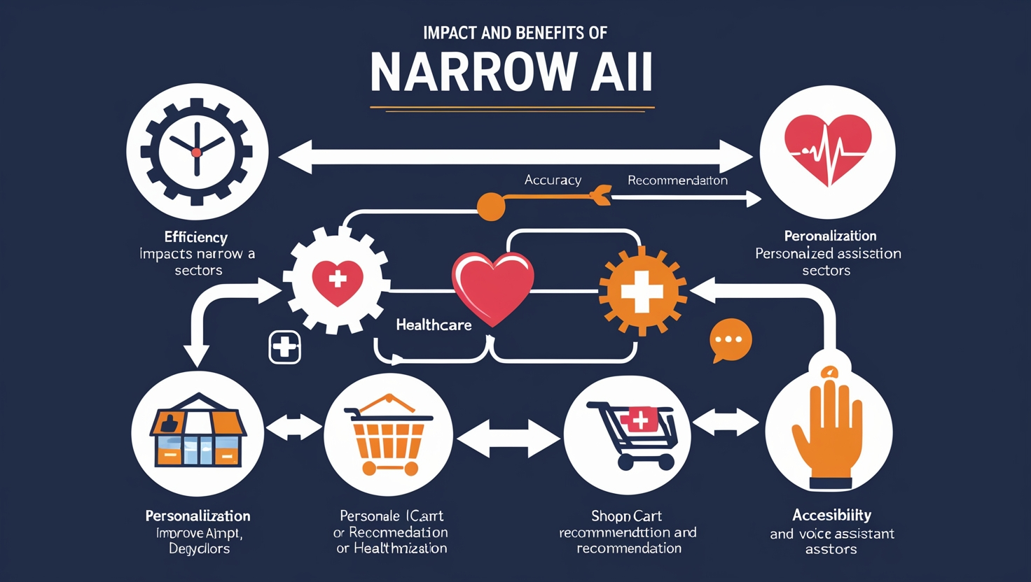 Infographic showing the impact and benefits of Narrow AI in efficiency, healthcare, and more.