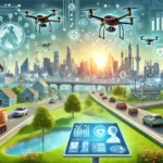 Impact of Automation: Futuristic cityscape with AI and robotics