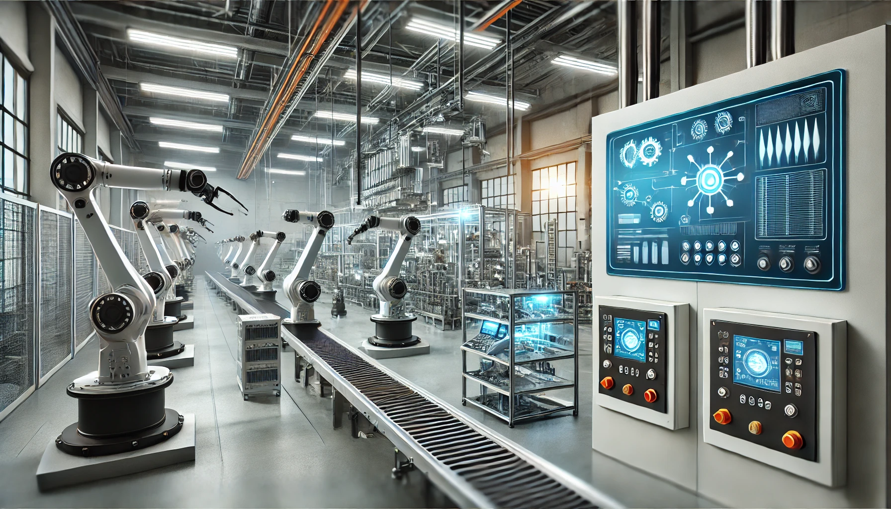 Modern industrial setting showcasing Automation and Control Systems with robotic arms and control panels.