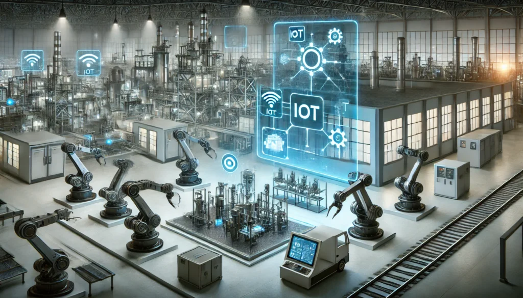 Industrial Automation in a futuristic factory with robotic arms and IoT