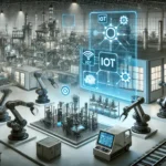 Industrial Automation in a futuristic factory with robotic arms and IoT