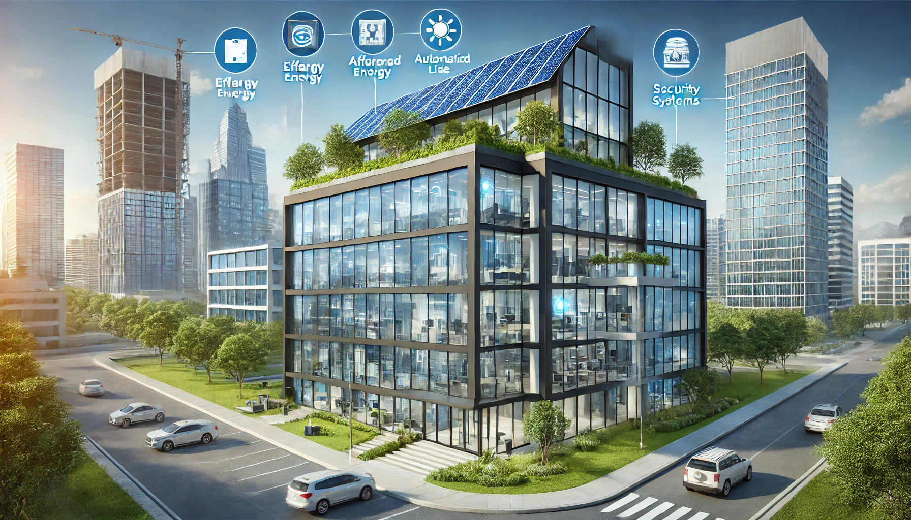 Modern office with Building Automation Systems, showcasing energy efficiency, automation, and security.