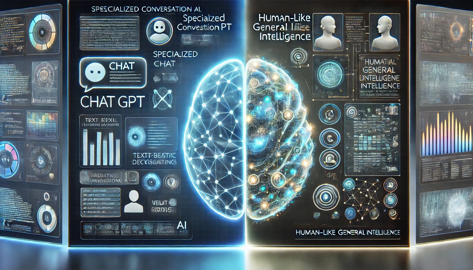 A split-screen showing the differences between Chat GPT's chat interface and AGI's advanced digital brain.