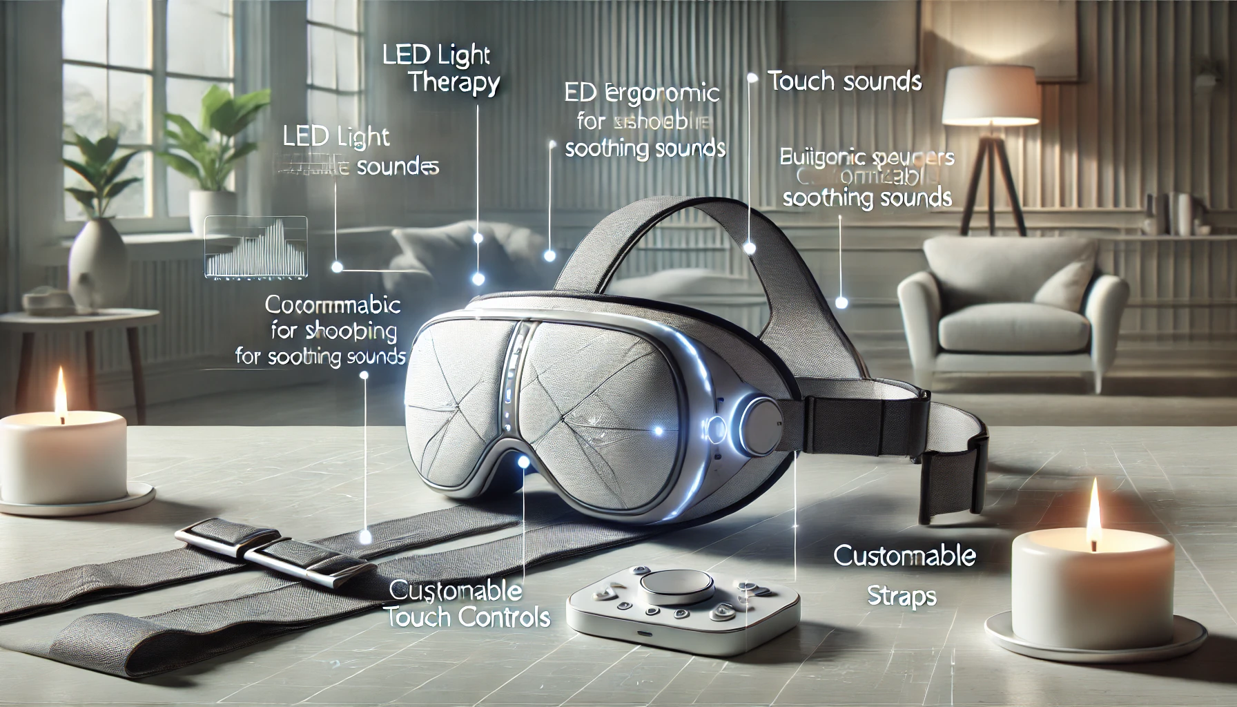 Diagram of a virtual reality sleeping mask showcasing key features like LED therapy and sound integration