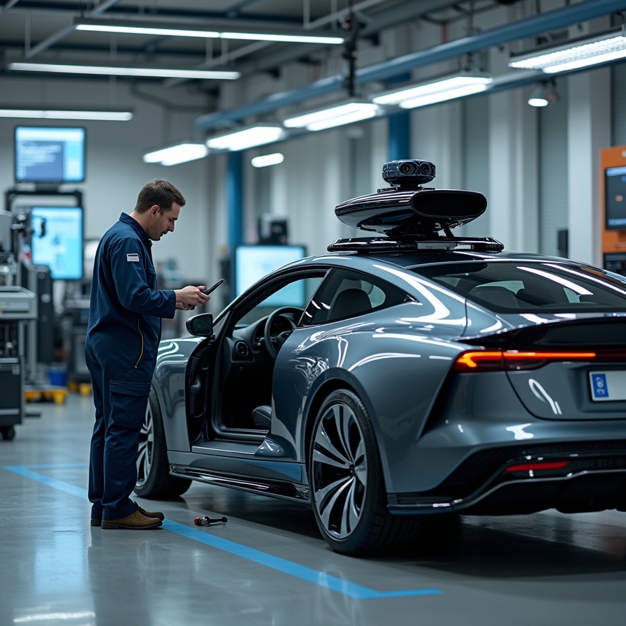 Technician inspecting a self-driving car’s sensors and technology in a modern workshop.