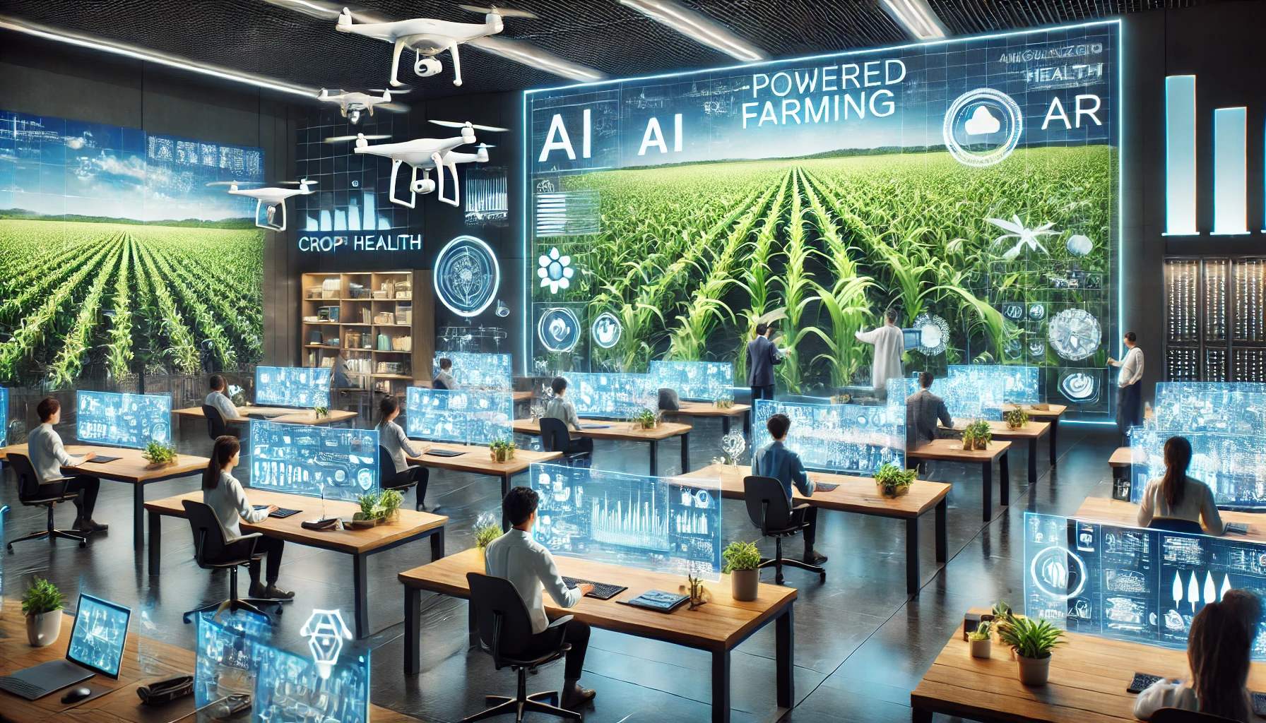 A high-tech classroom with students using AI-powered farming simulations, drones, and augmented reality (AR) to analyze crop health.