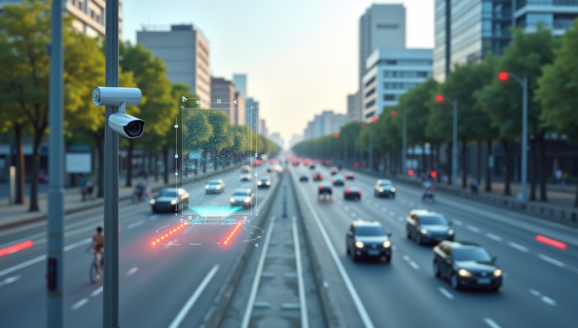 Smart city road with computer vision detecting vehicles, pedestrians, and hazards.