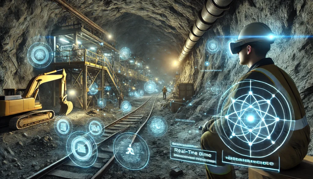 Miners using augmented reality technology underground with 3D maps and data overlays for efficiency