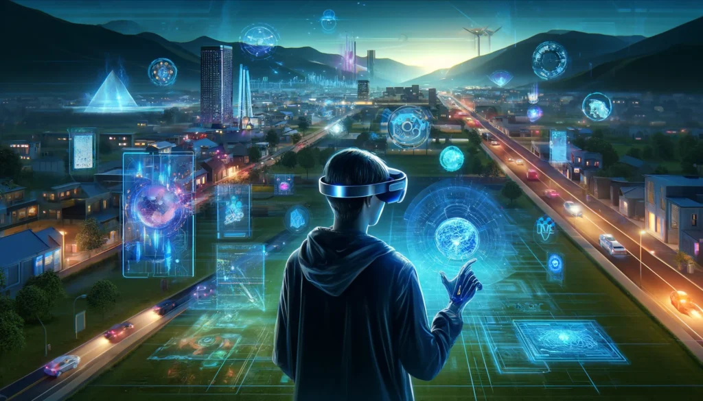 Person using Mixed Reality headset in a futuristic smart city, blending digital and real worlds