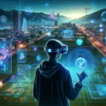 Person using Mixed Reality headset in a futuristic smart city, blending digital and real worlds