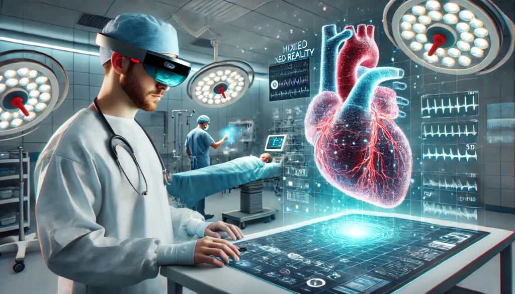 Mixed reality in healthcare showing surgery, anatomy training, and patient rehab with holographic tools