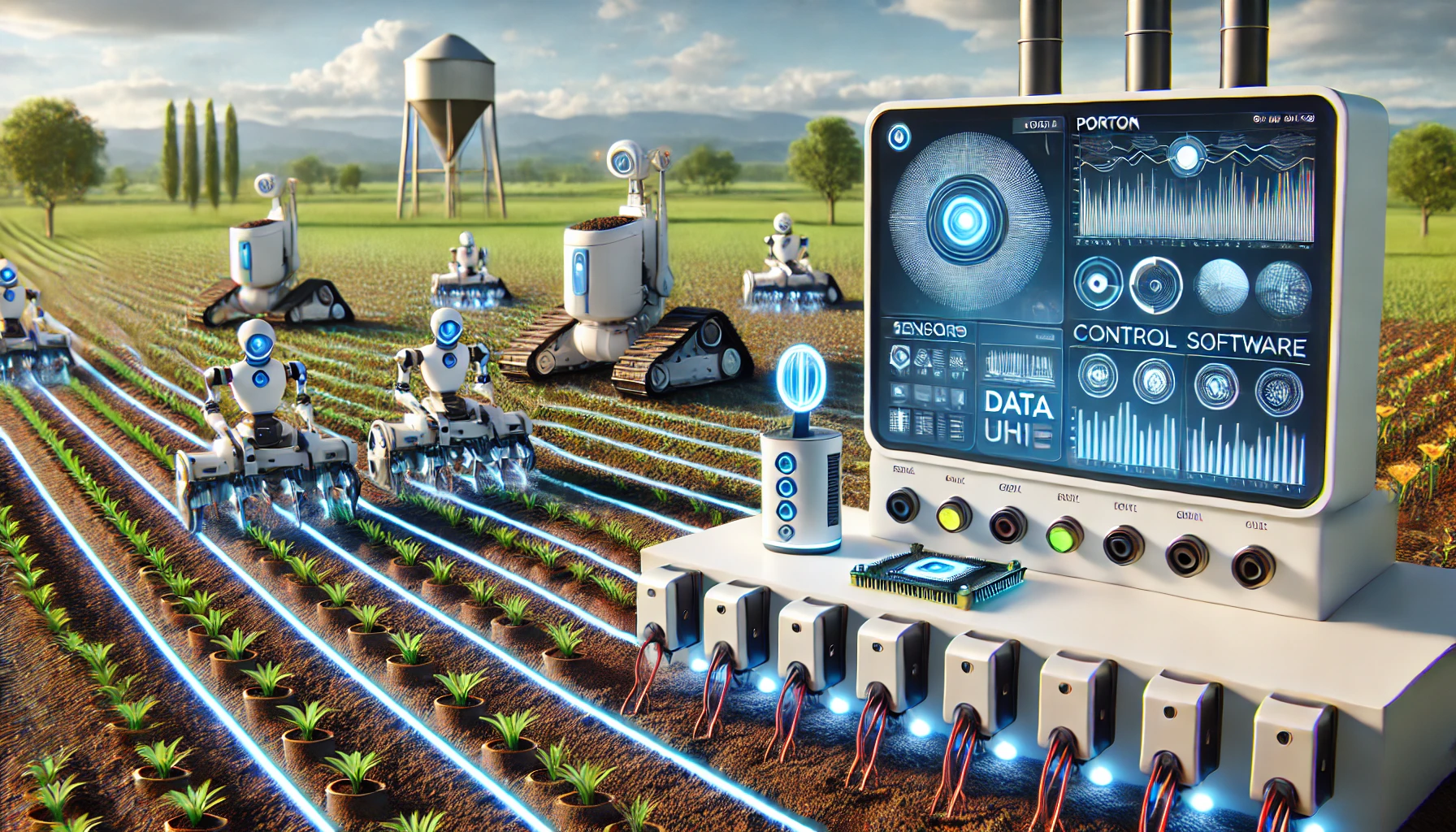 Modern Automated Planting System with sensors, robotics, and control units in a futuristic farmland.