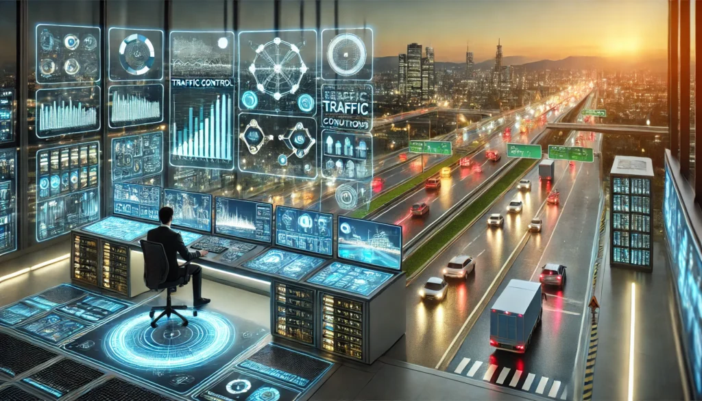 Roads and highways display virtual traffic conditions such as peak traffic flow, weather simulations, and road closures. Engineers work with screens visualizing traffic patterns, data graphs, and diagnostics.