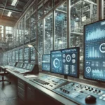 Modern control room with wall-sized screens displaying industrial automation dashboards and cybersecurity monitoring data