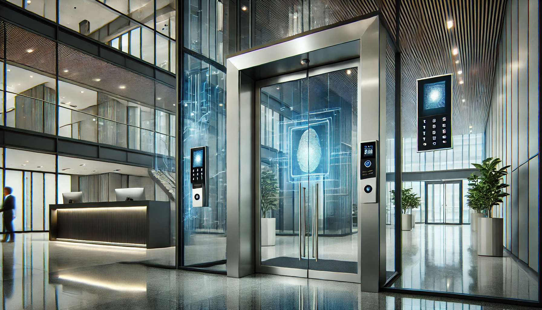 Modern corporate entrance with automated access control systems, showcasing security. 