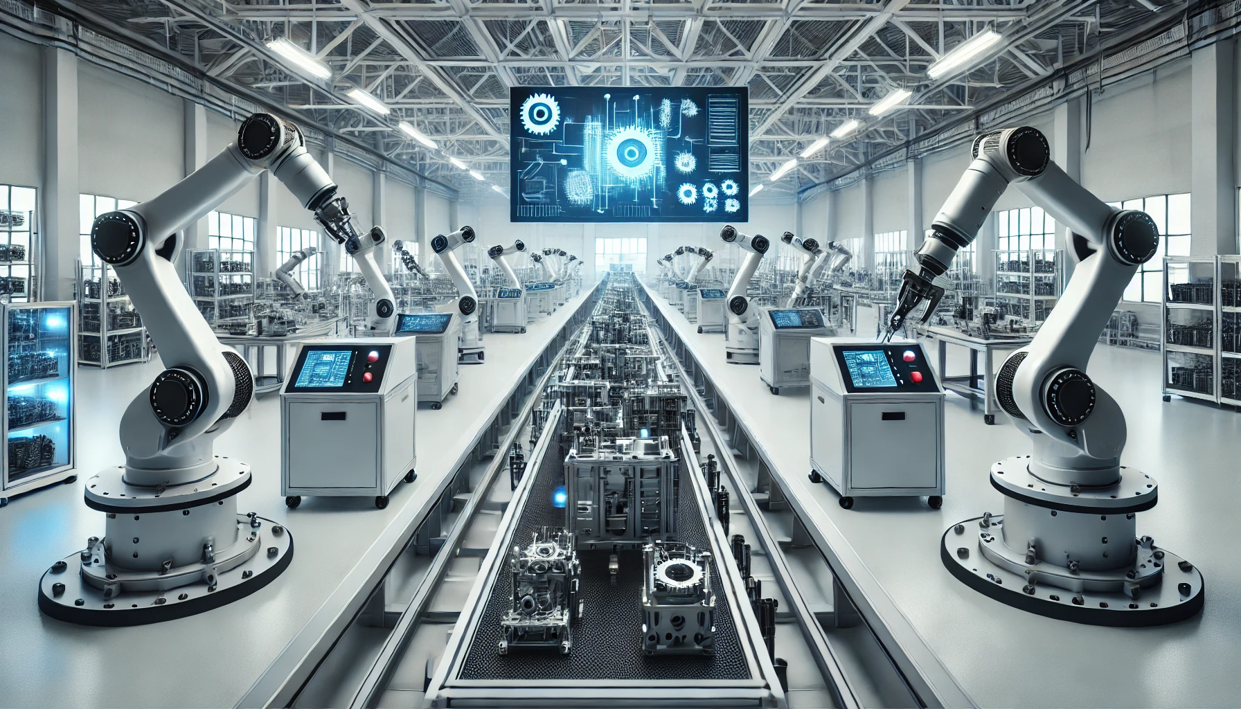 Modern factory with automated robotic arms on a production line.