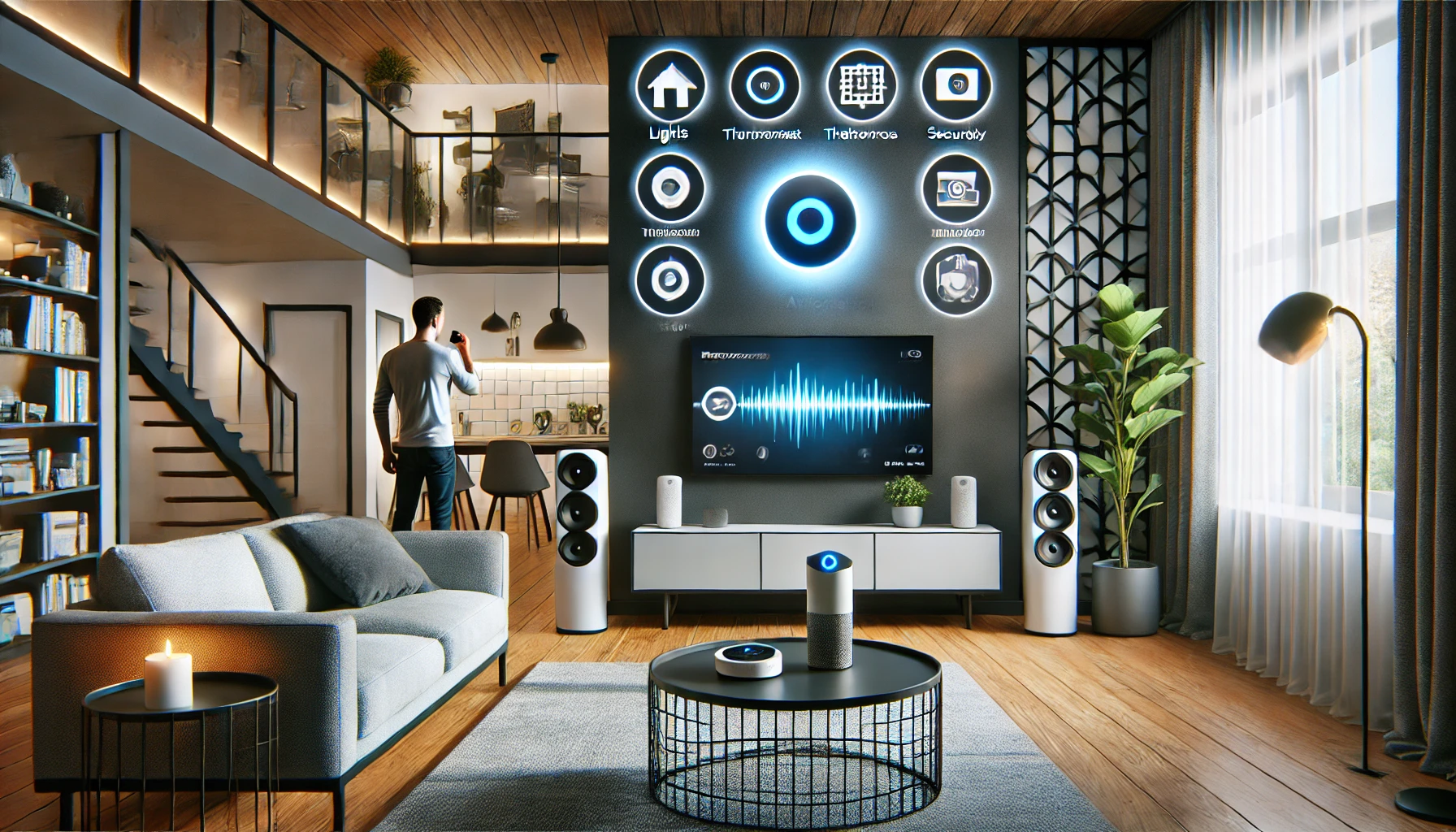 Modern home automation setup featuring voice control devices like lights and thermostat.