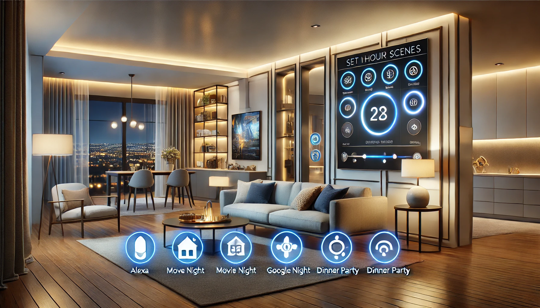 Modern home featuring Automation and Control Systems with voice-activated lighting and smart assistant integration