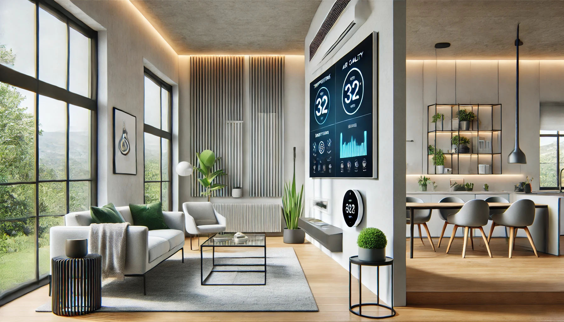 Modern home with automated HVAC control systems, featuring smart thermostat and touchscreen