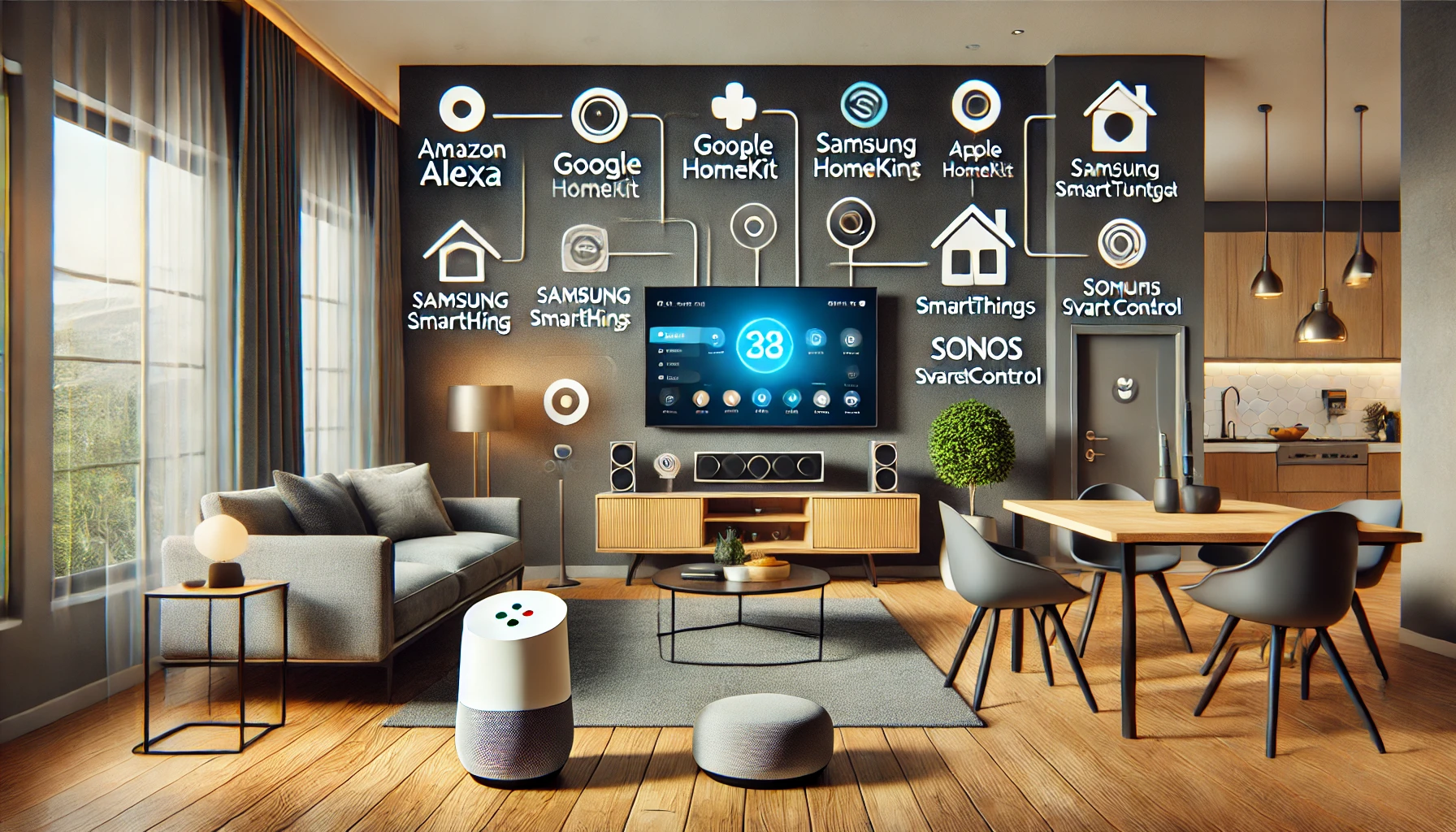 Smart home automation system with voice control, including Alexa, Google Assistant, and Siri integration.