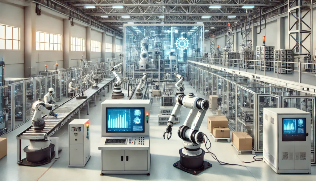 Modern industrial factory with robots, sensors, and control systems