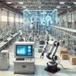 Modern industrial factory with robots, sensors, and control systems