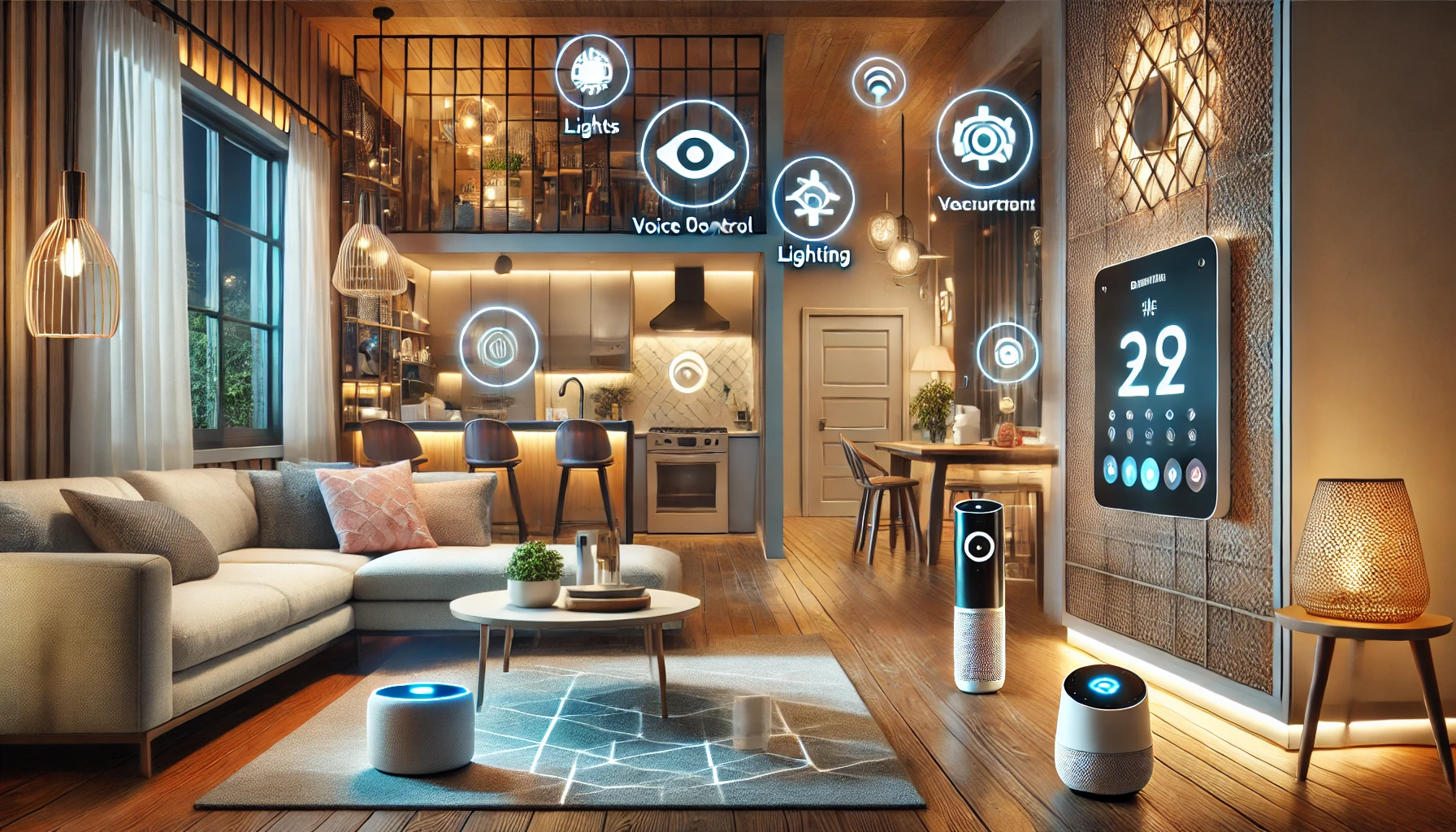 Voice-controlled home automation system in a modern, smart home.