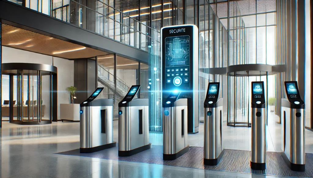 Modern office lobby with automated access control systems, including turnstiles.