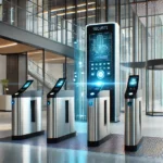 Modern office lobby with automated access control systems, including turnstiles.