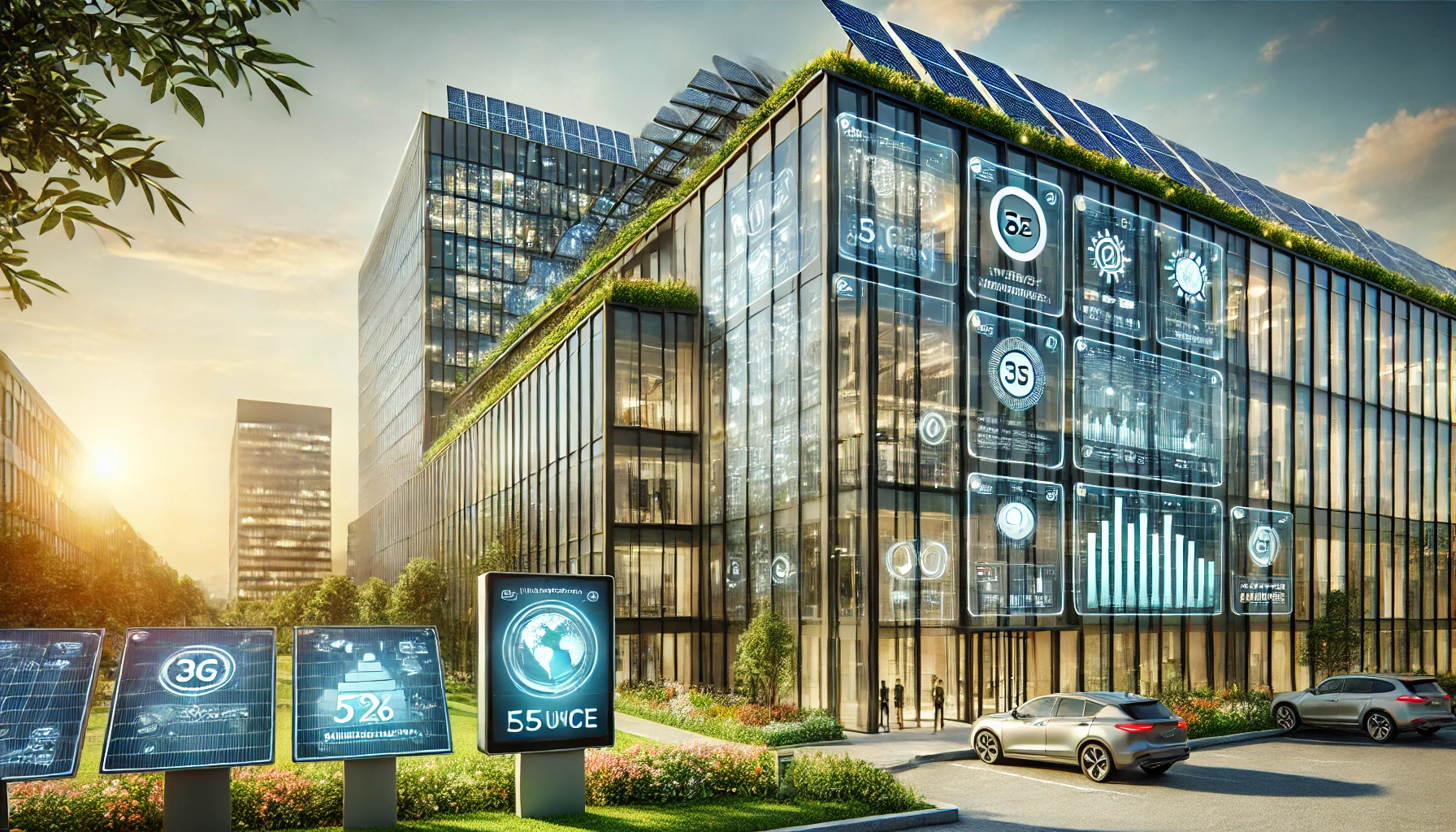 Modern office showcasing Building Automation Systems, solar panels, and sustainability