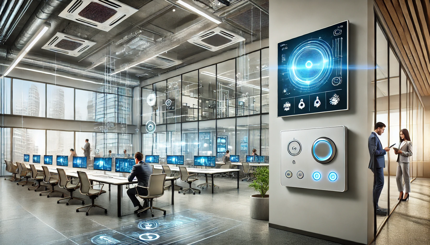 Modern office with automated HVAC control systems, and featuring smart sensors