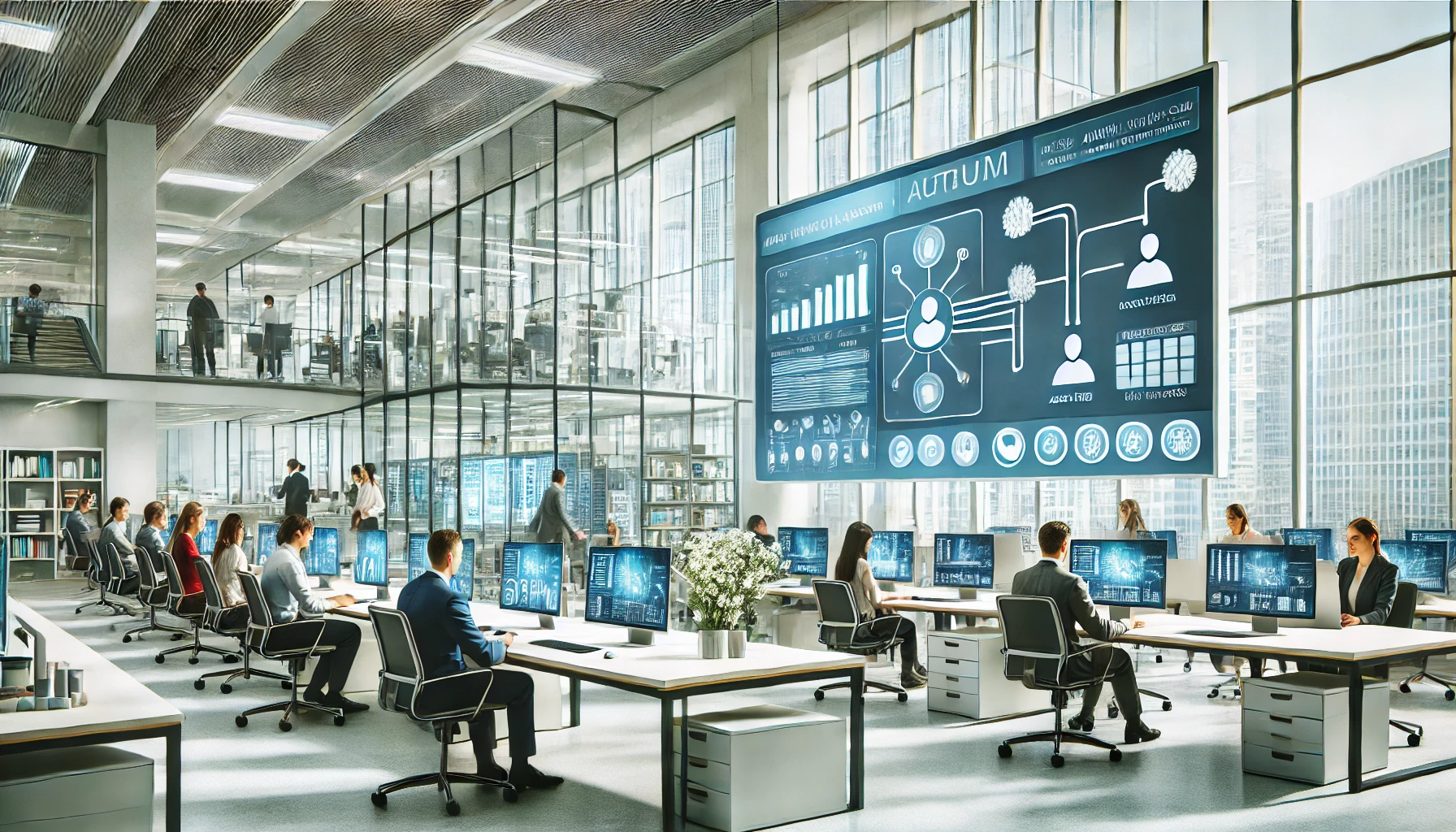 Modern office with employees working at computers, showcasing automated information systems on screens